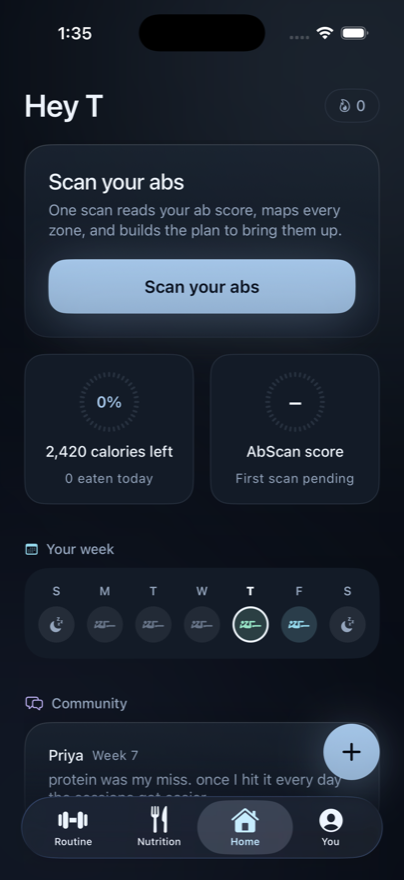 The AbsLocked home screen, with the scan prompt, calorie and score tiles, and the week at a glance.