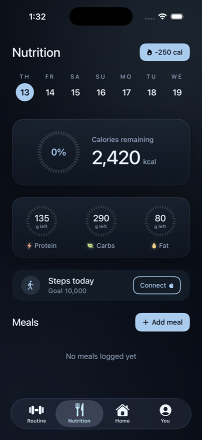 The AbsLocked nutrition tab, showing calories remaining and macronutrient targets.